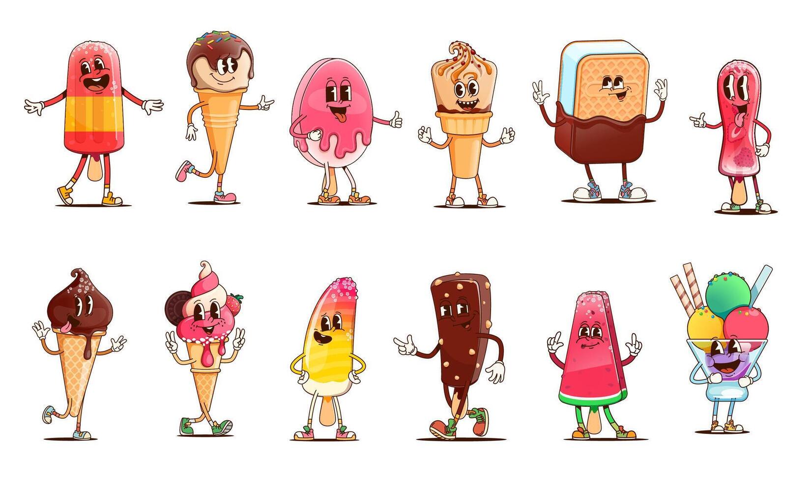 Groovy ice cream characters, cartoon funny sundae vector