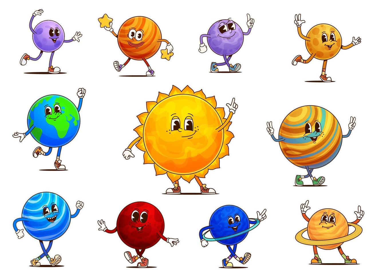 Solar system groovy space planets characters vector