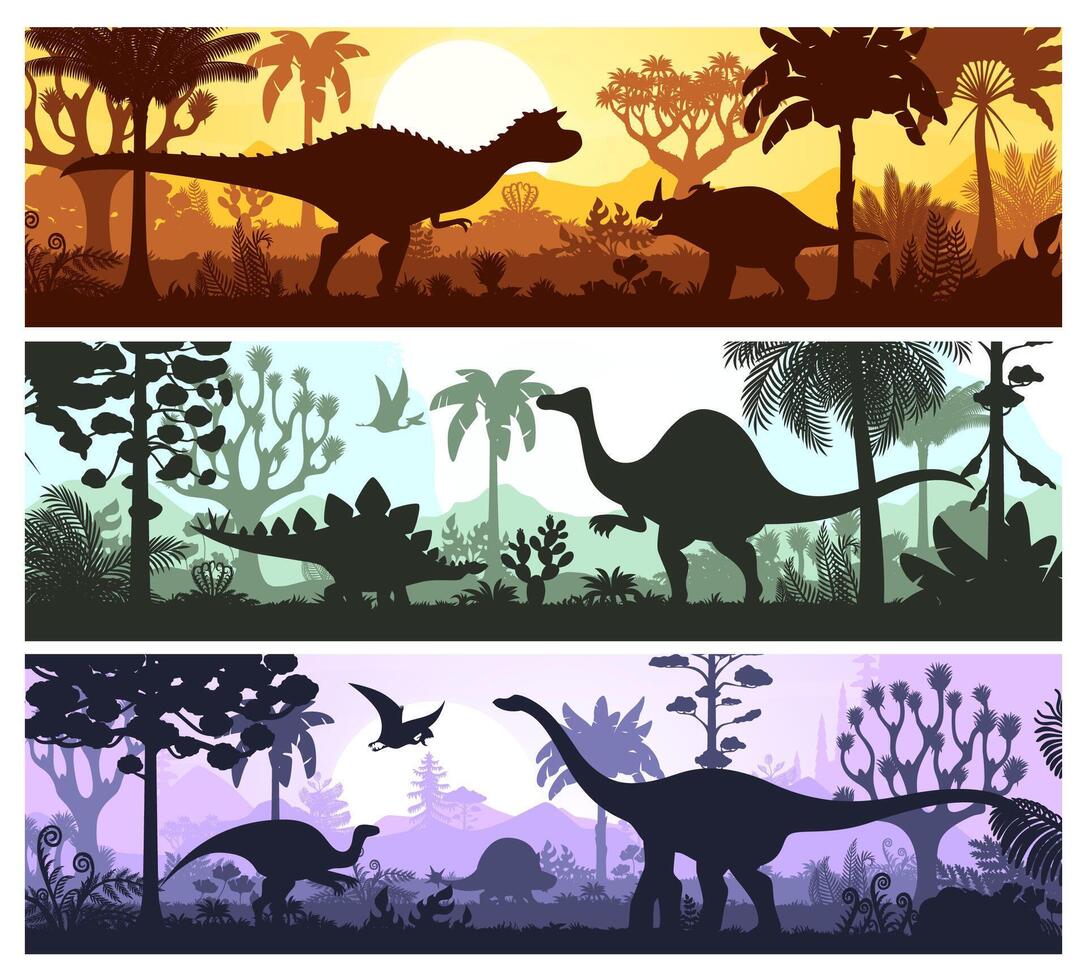 Prehistoric landscape with dinosaurs silhouettes vector