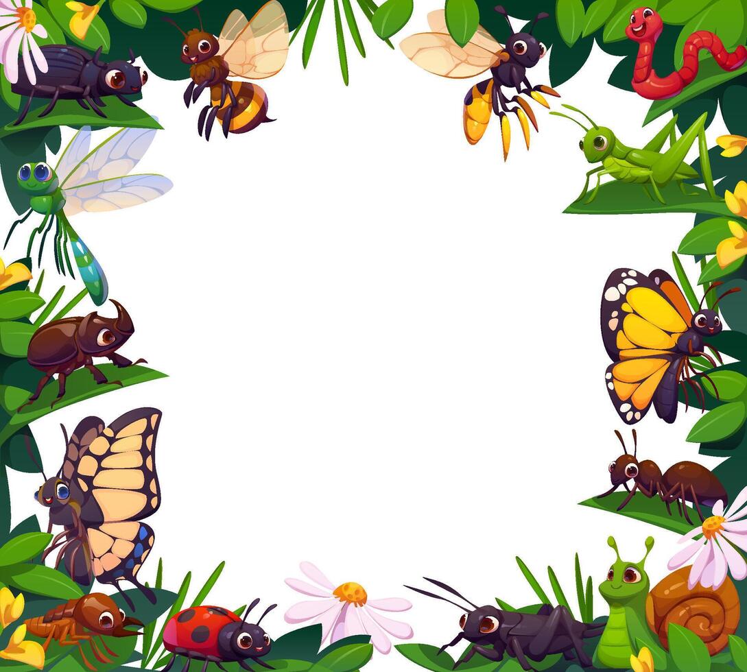 Funny cartoon insects and beetles in flowers frame vector
