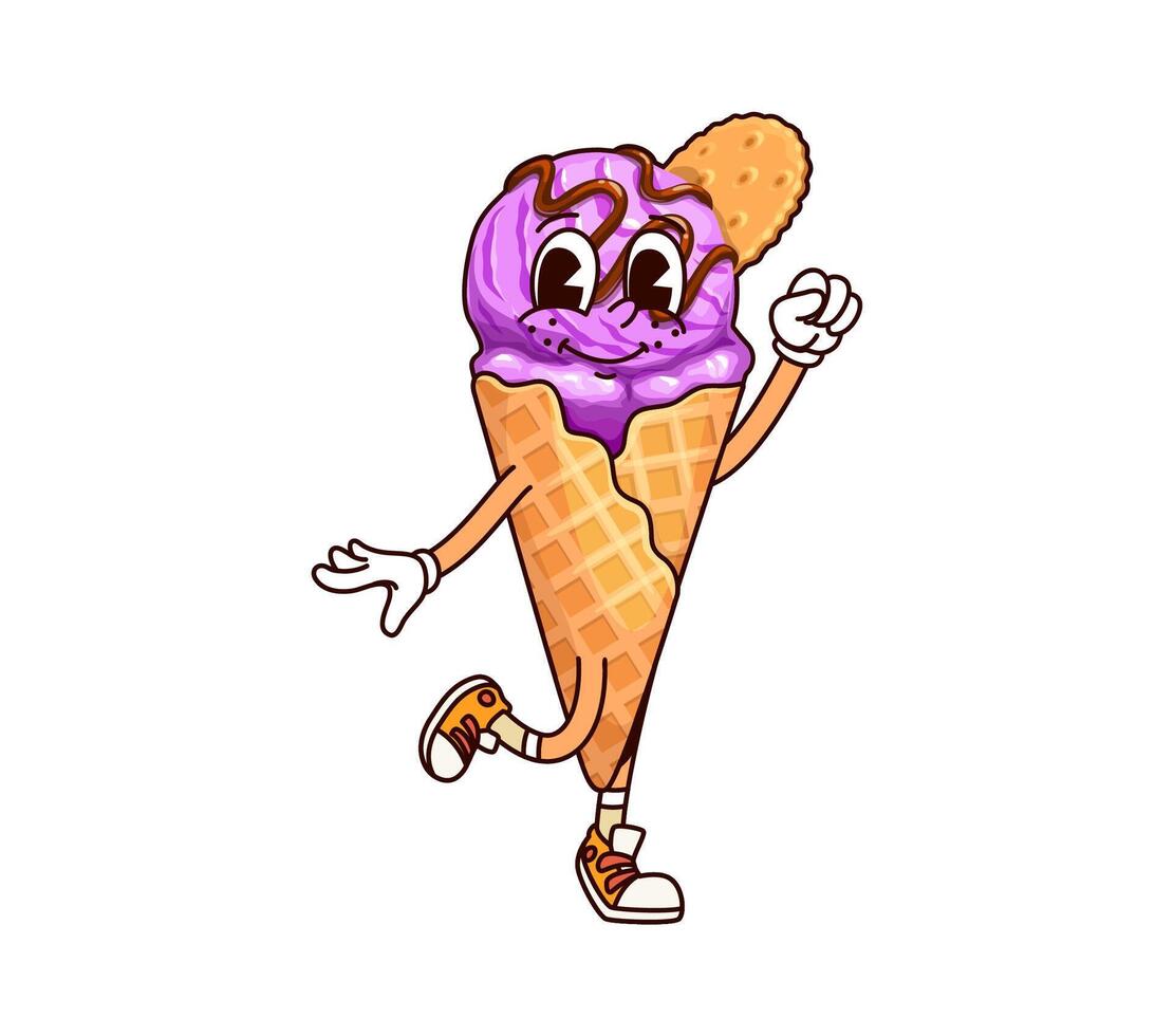 Ice cream groovy character with a purple scoop vector