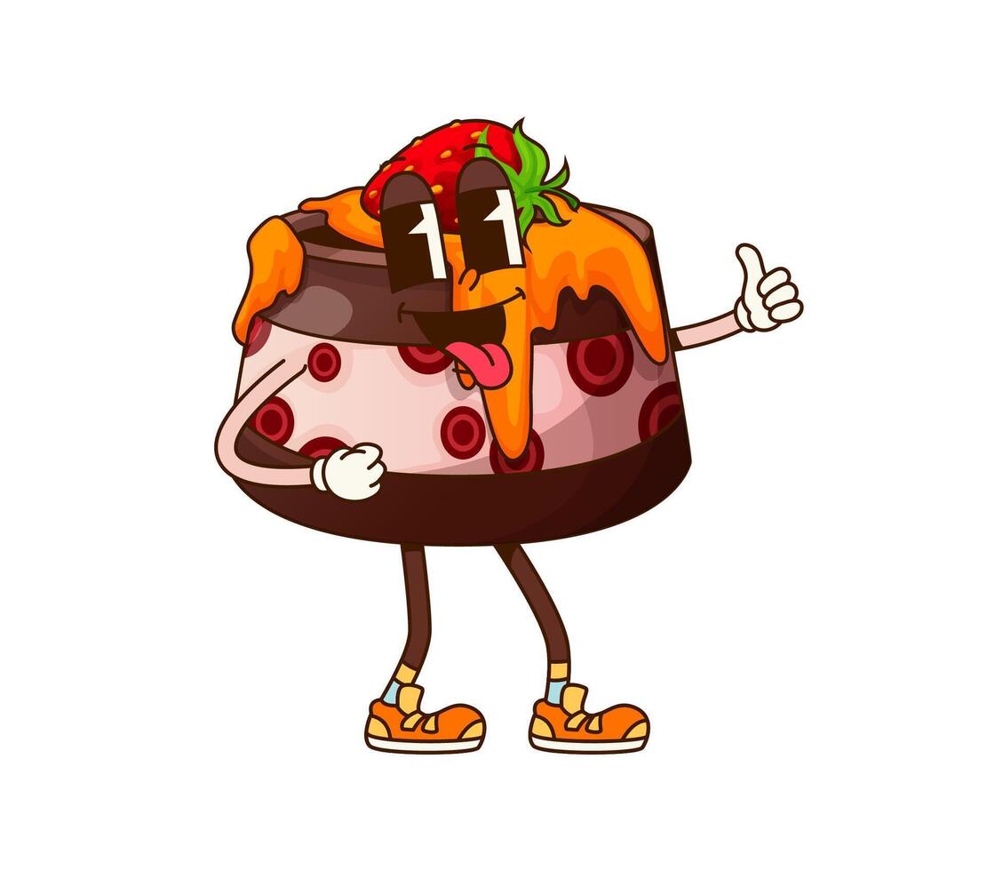 Cartoon groovy cake funny bakery pastry character vector