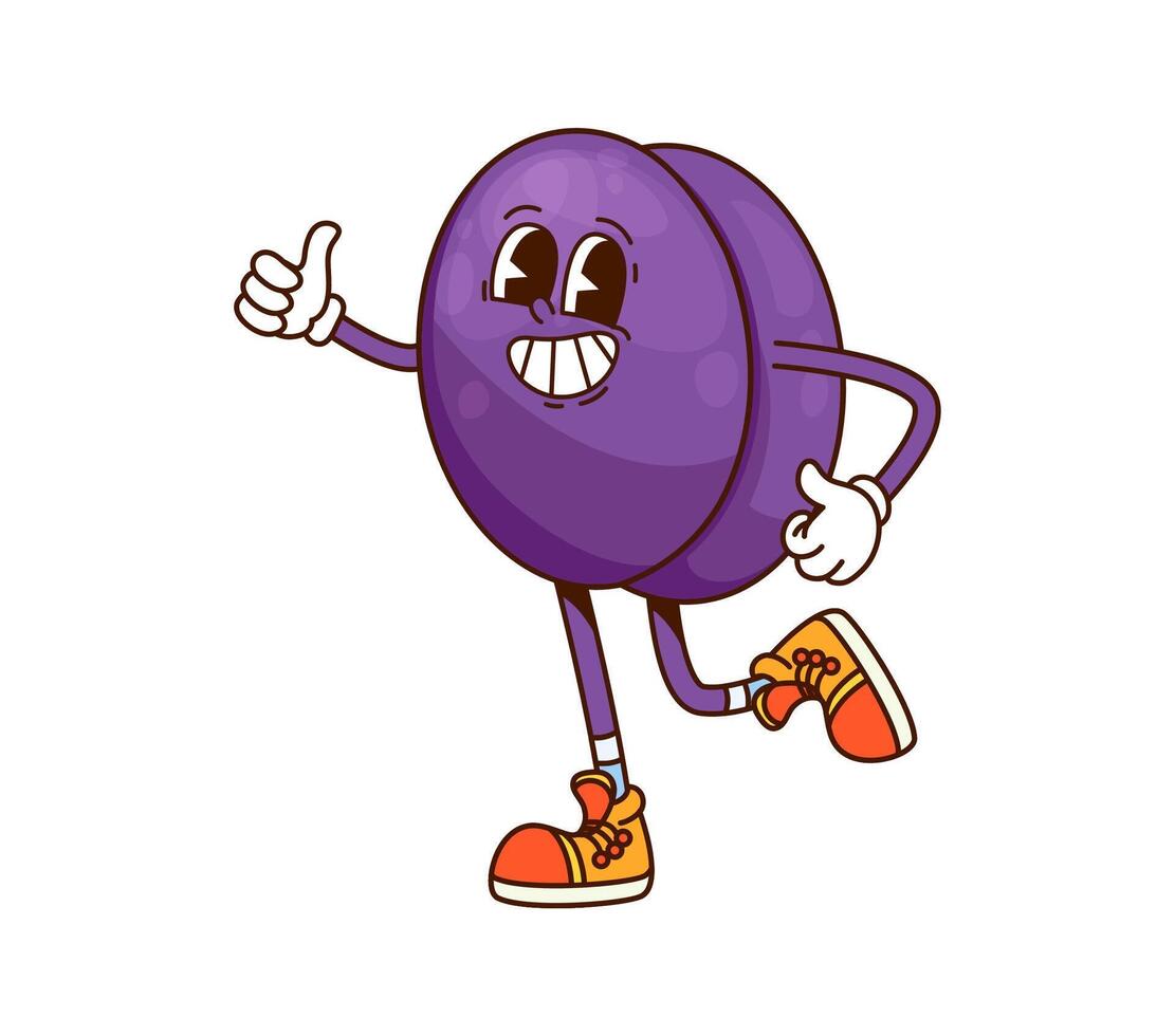 Cartoon funny groovy plum fruit retro character vector