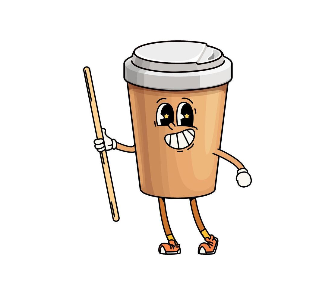 Groovy coffee cup cartoon retro character vector