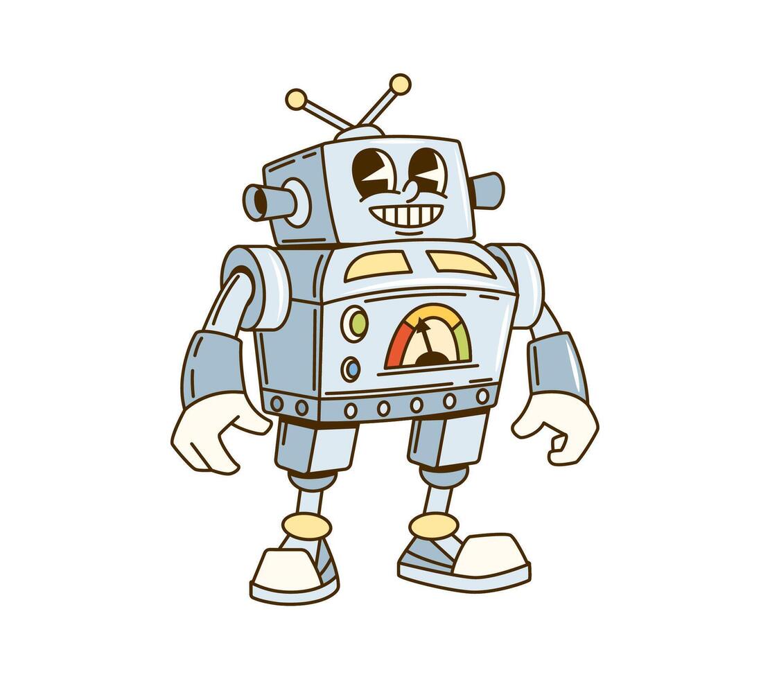 Cartoon groovy retro robot funny character vector