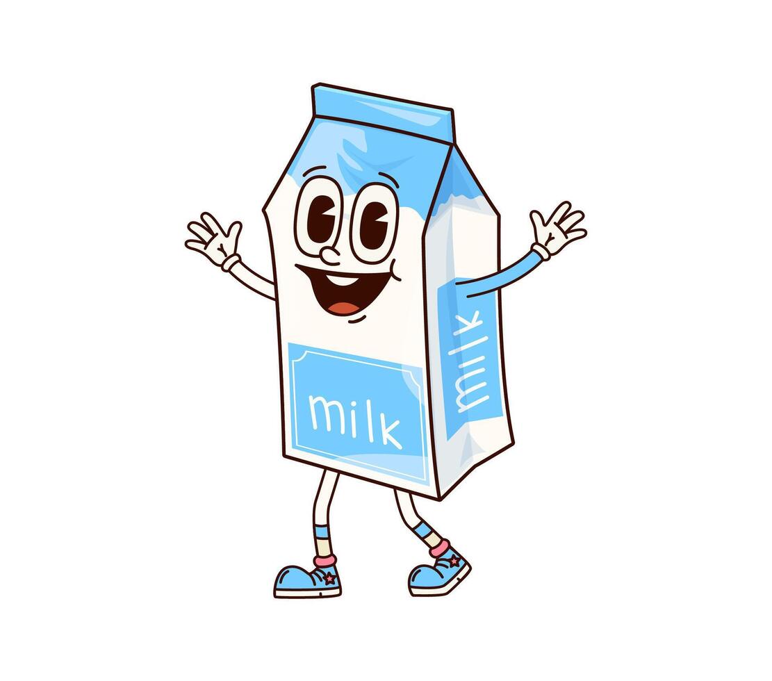 Groovy breakfast milk pack happy retro character vector
