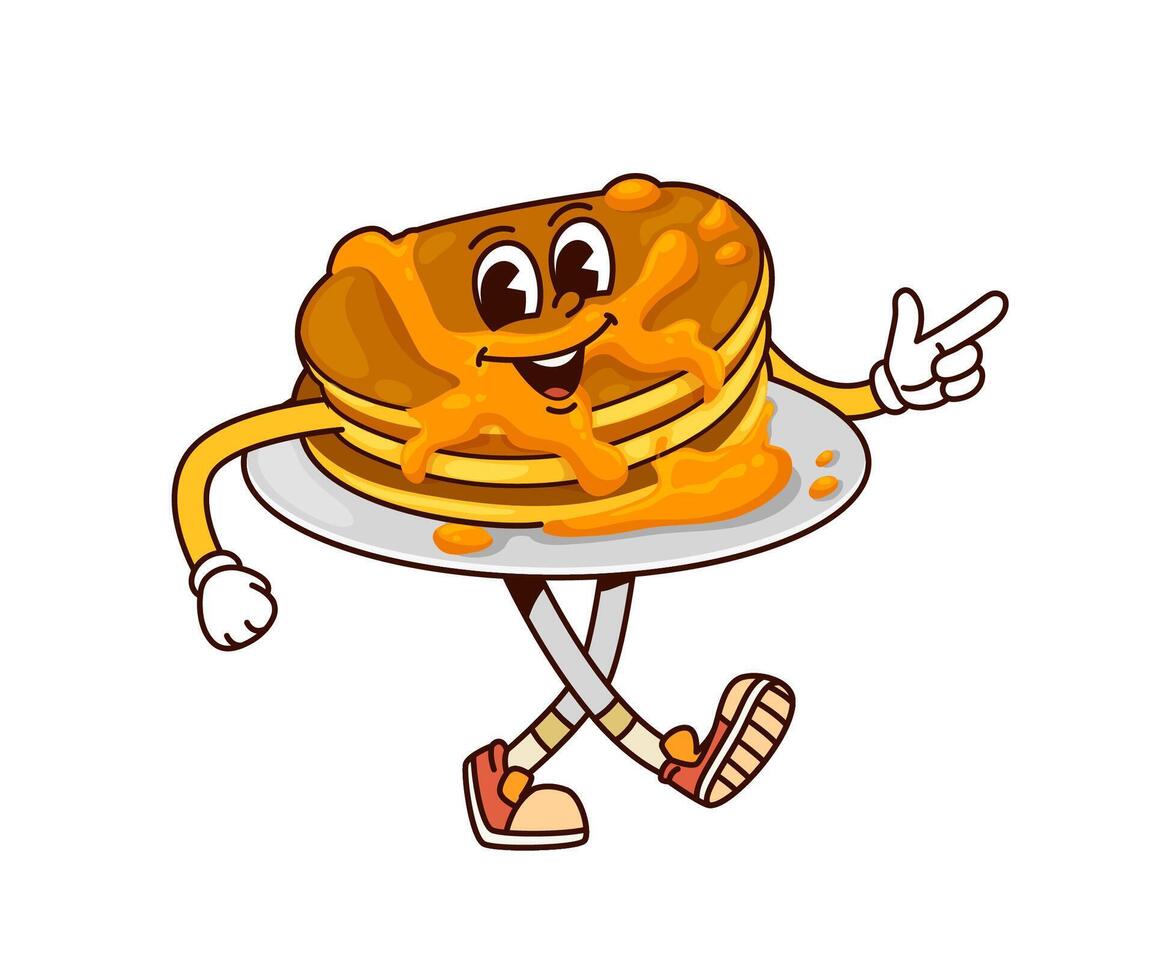Groovy breakfast pancake cartoon retro character vector