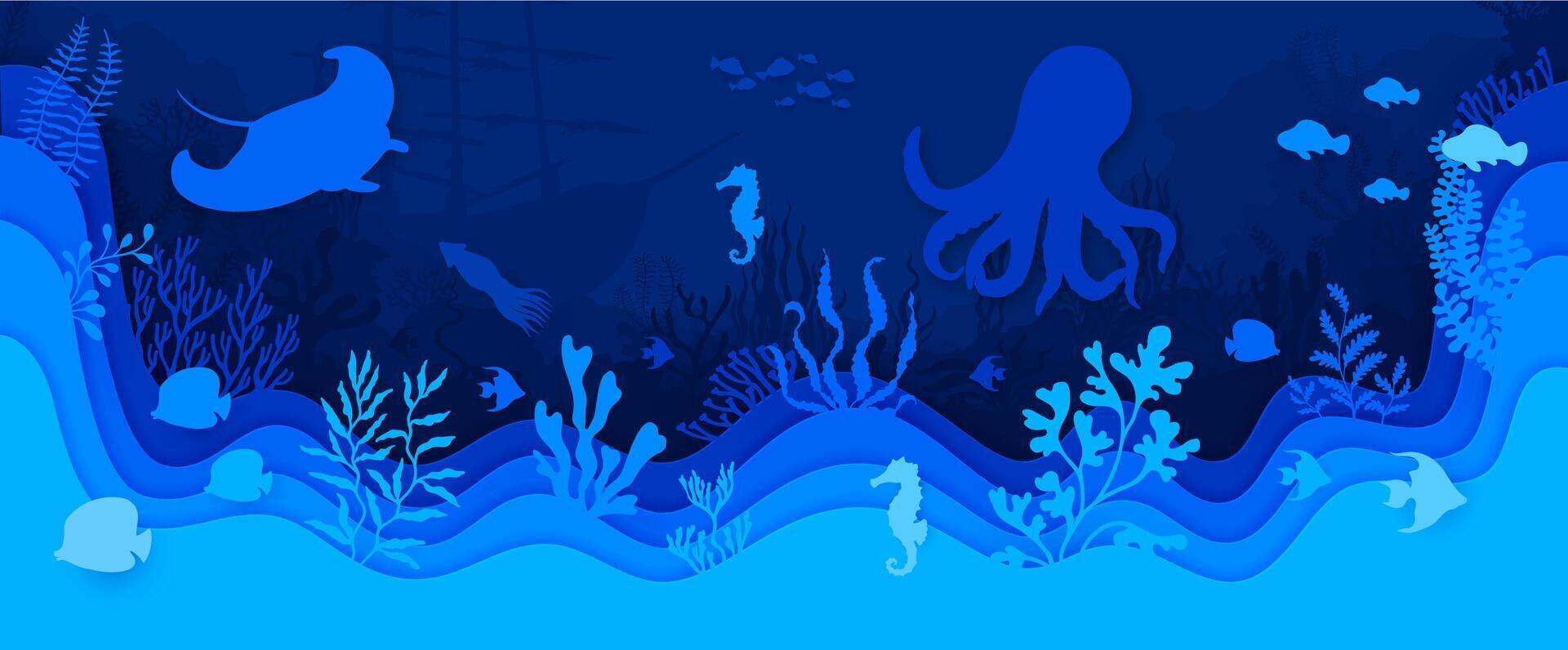 Paper cut blue underwater landscape with sea animals vector