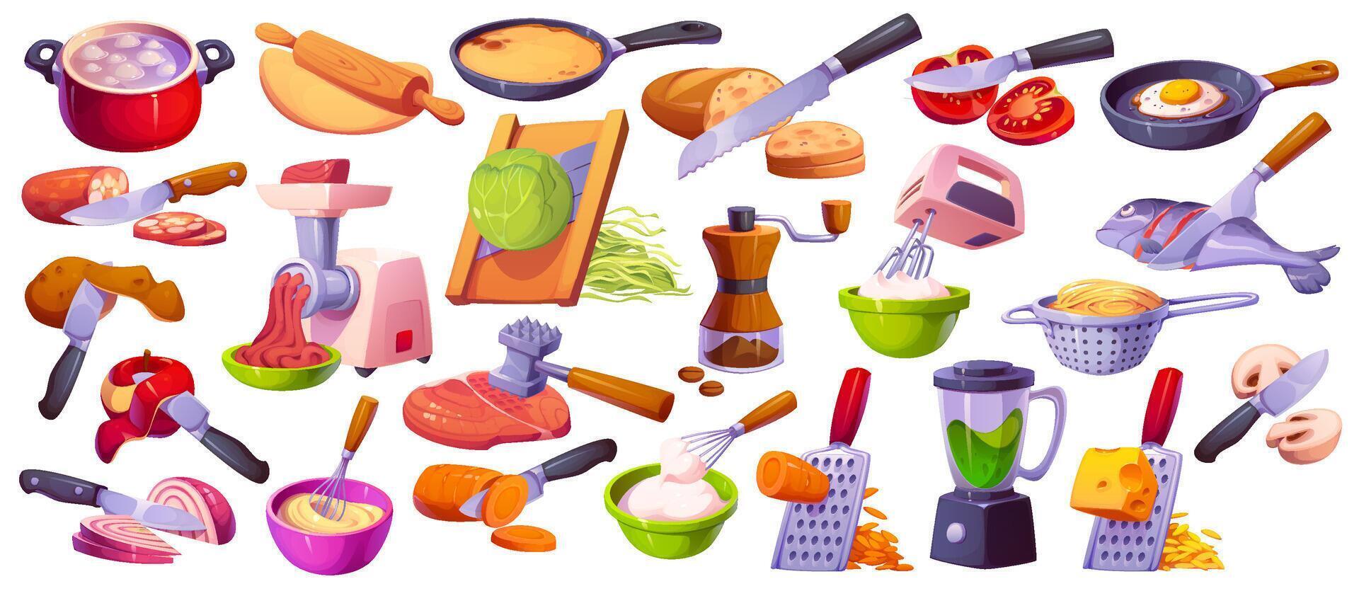 Cook food or cooking process and preparation tools vector