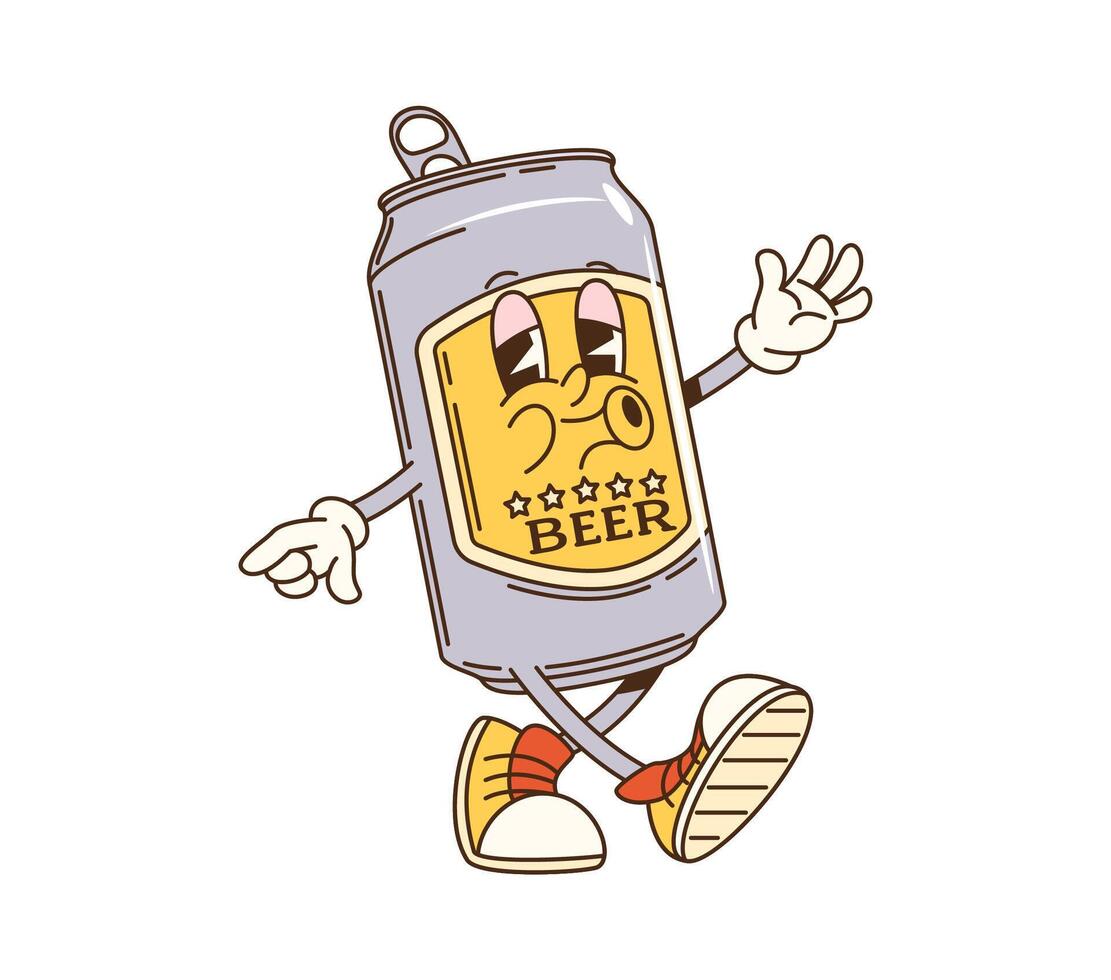 Cartoon groovy alcohol beer tin can character vector
