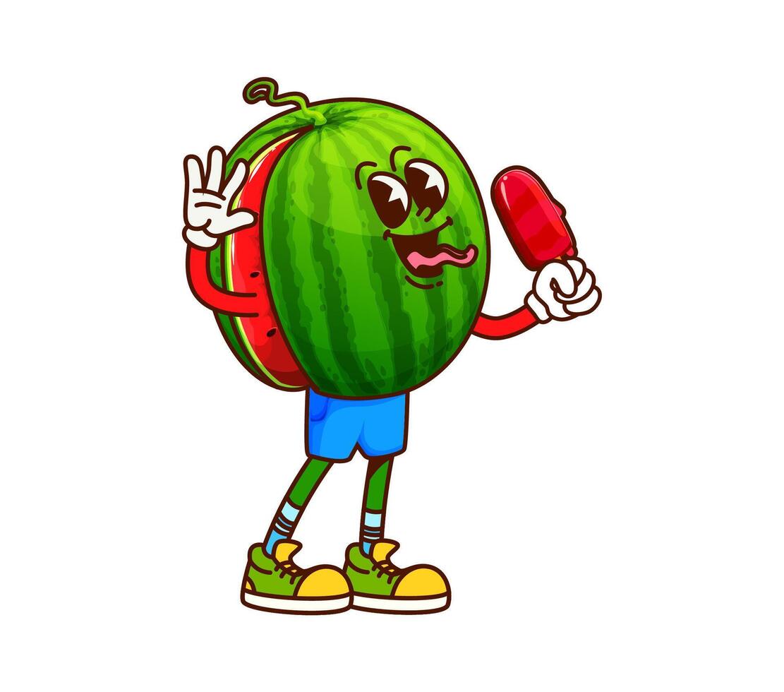 Groovy watermelon character eating ice cream vector