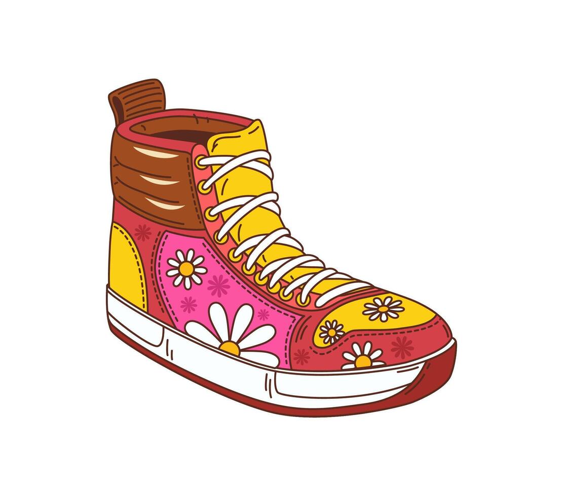 Retro hippie groovy sneakers shoe with flowers vector