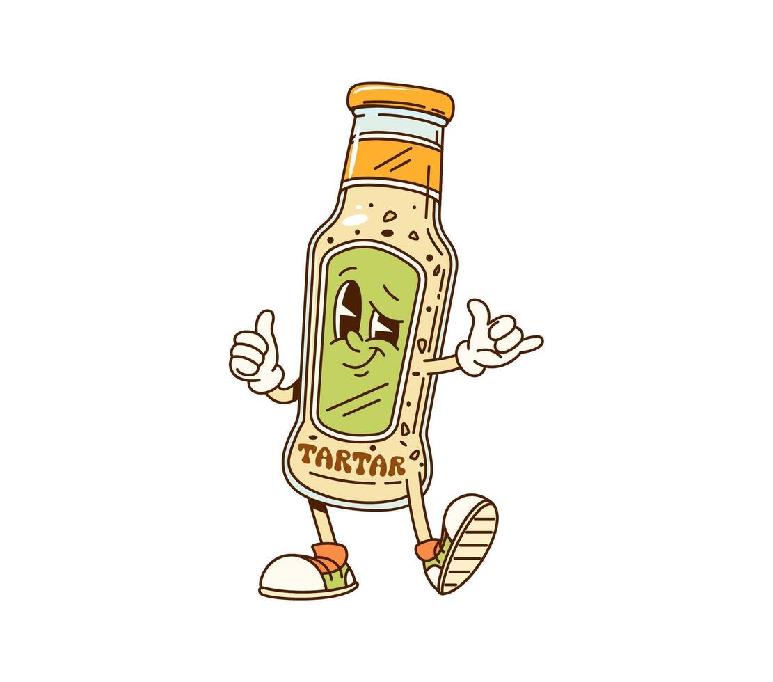 Cartoon groovy tartar sauce character, thumb up vector