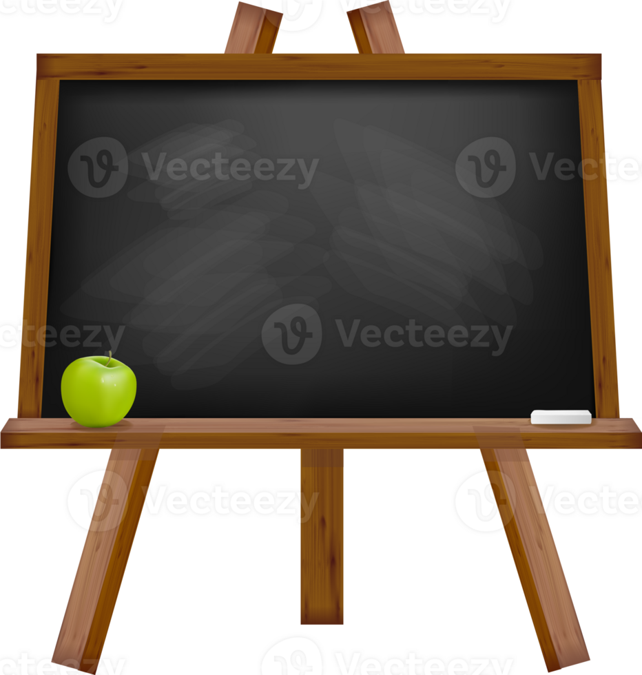 Blackboard with chalk and apple on easel png