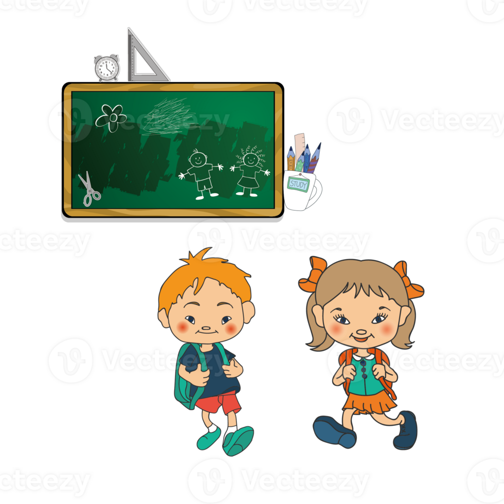 Two children are standing near a blackboard with a chalkboard png