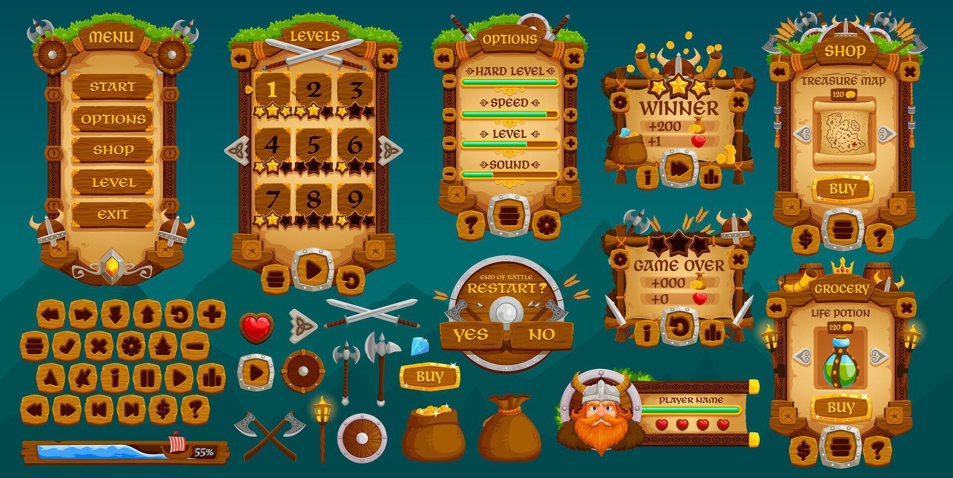 Medieval Vikings game interface gui elements asset vector