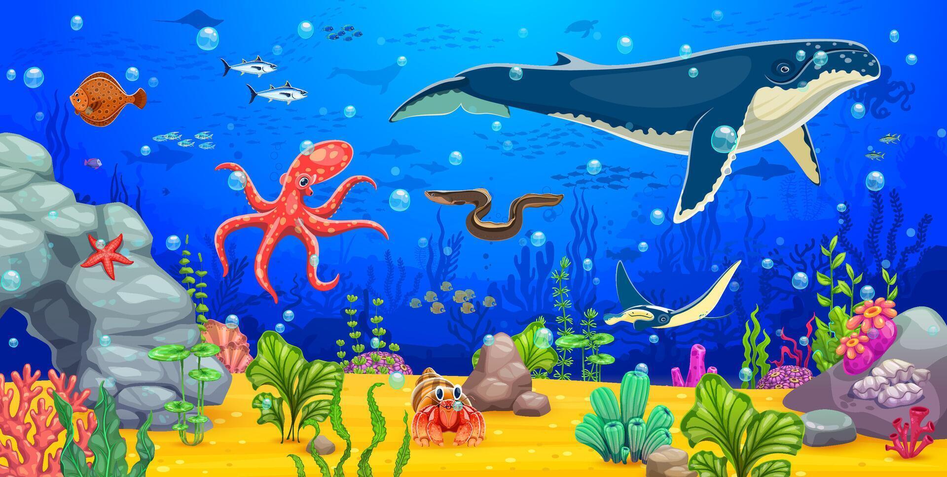 Cartoon underwater landscape with humpback whale vector