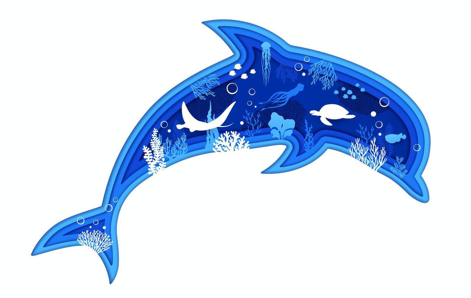 Dolphin paper cut silhouette underwater landscape vector