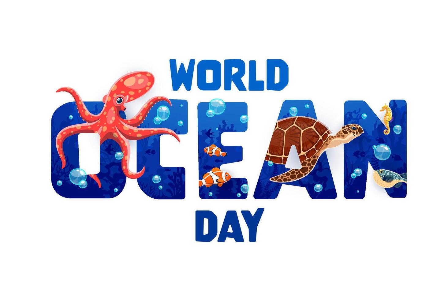 World oceans day banner with sea animals life vector