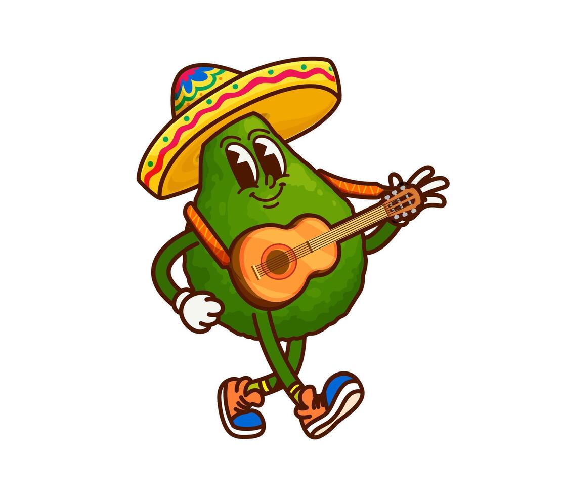 Cartoon groovy Mexican avocado mariachi musician vector