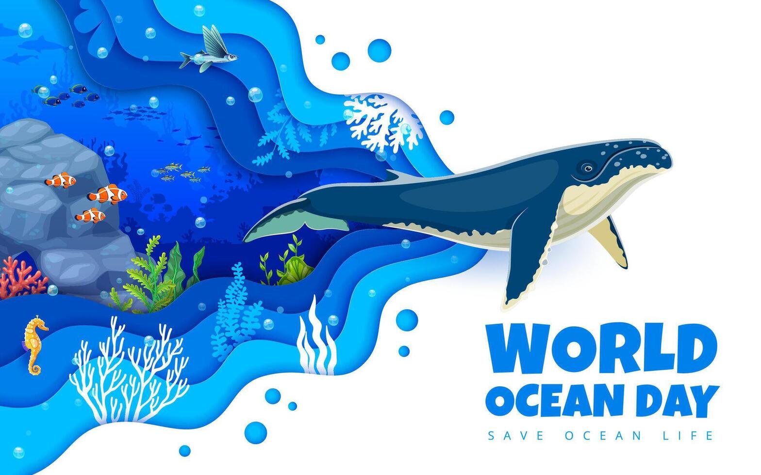 Oceans day paper cut banner with humpback whale vector