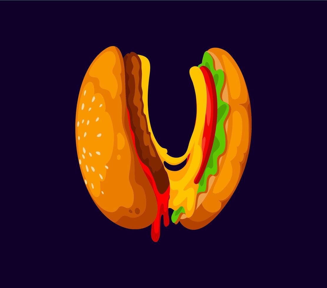 Fast food hamburger cartoon alphabet font letter U vector