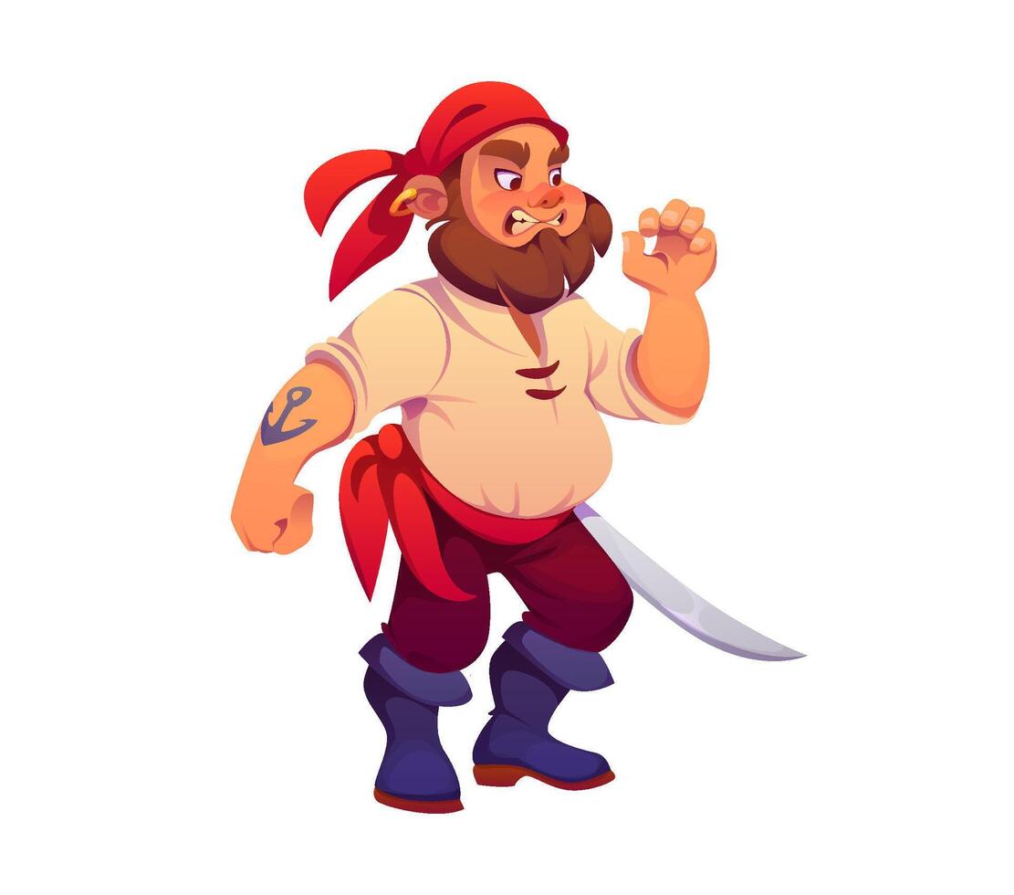 Cartoon pirate sailor, corsair captain with sword vector