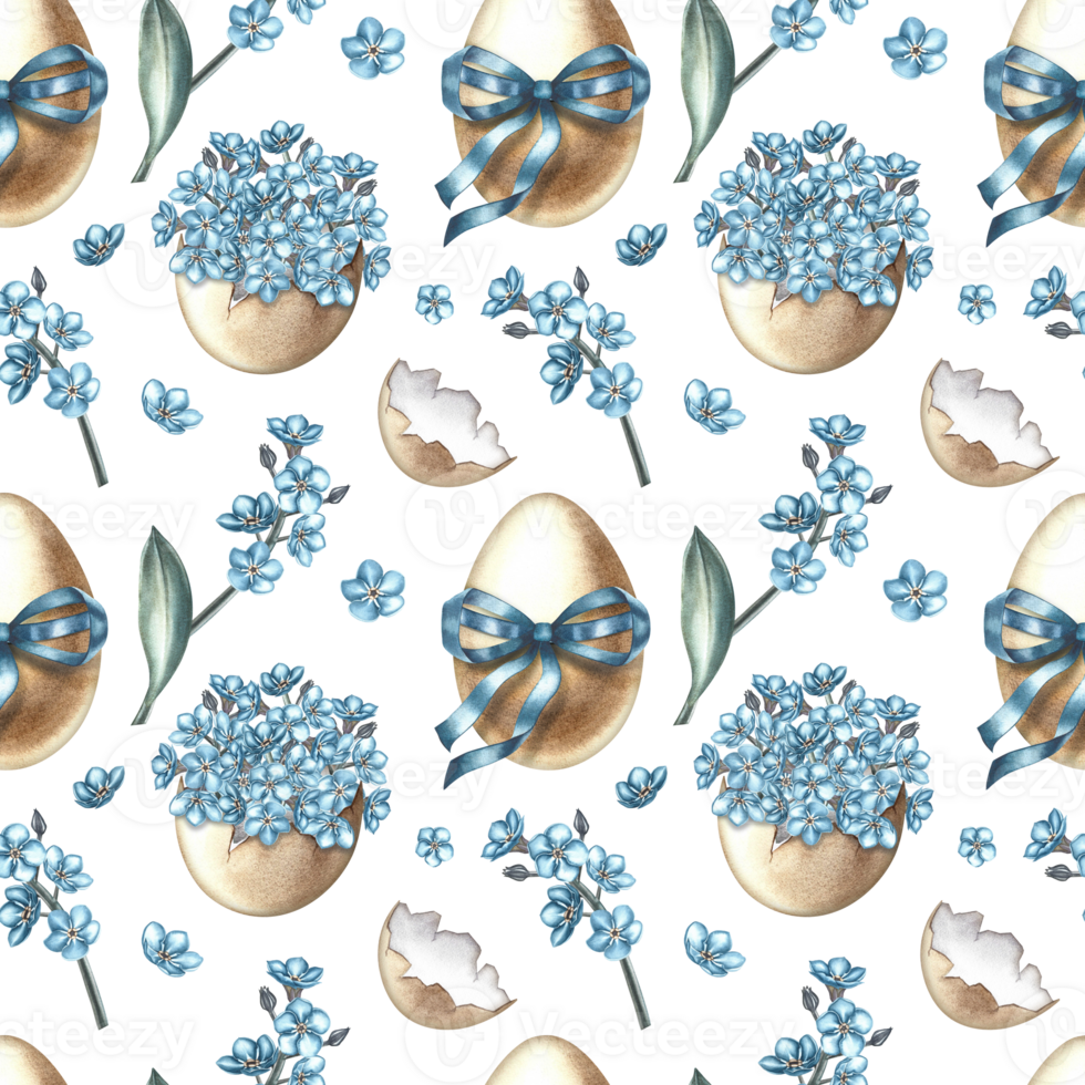 Easter seamless pattern with decorated eggs, blue ribbon and forget-me-nots. The illustration is done in watercolor by hand. For textiles, prints, wrapping paper, backgrounds. png