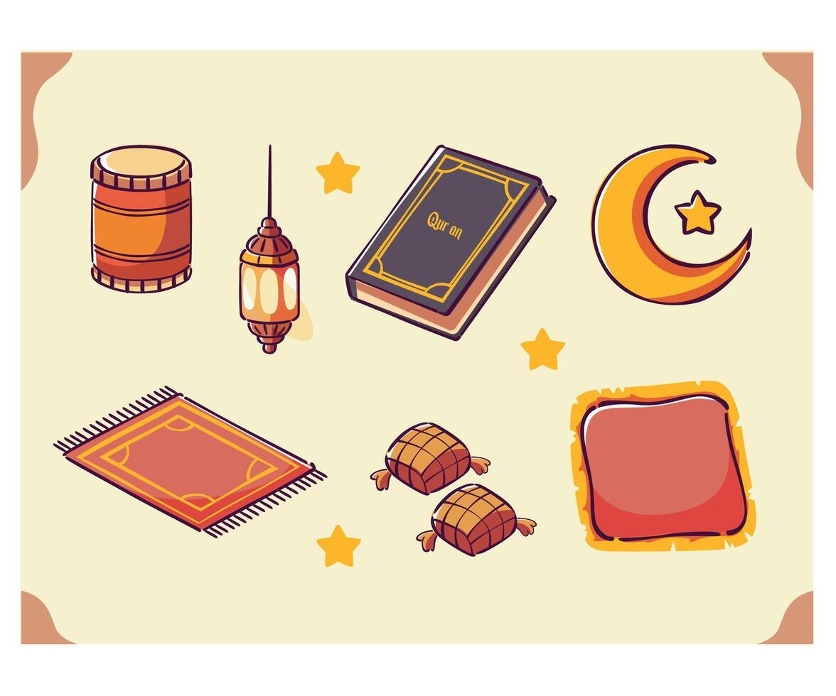 Colorful Ramadan Decorative Elements and Instruments Illustration vector