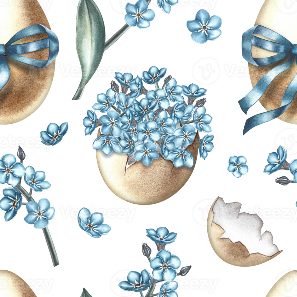 Easter seamless pattern with decorated eggs, blue ribbon and forget-me-nots. The illustration is done in watercolor by hand. For textiles, prints, wrapping paper, backgrounds. png