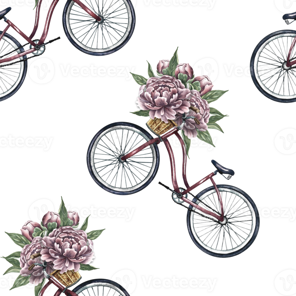 Seamless pattern with retro bikes and peonies. Handmade watercolor illustration. A color romantic image. For textiles, wallpaper and wrapping paper. png