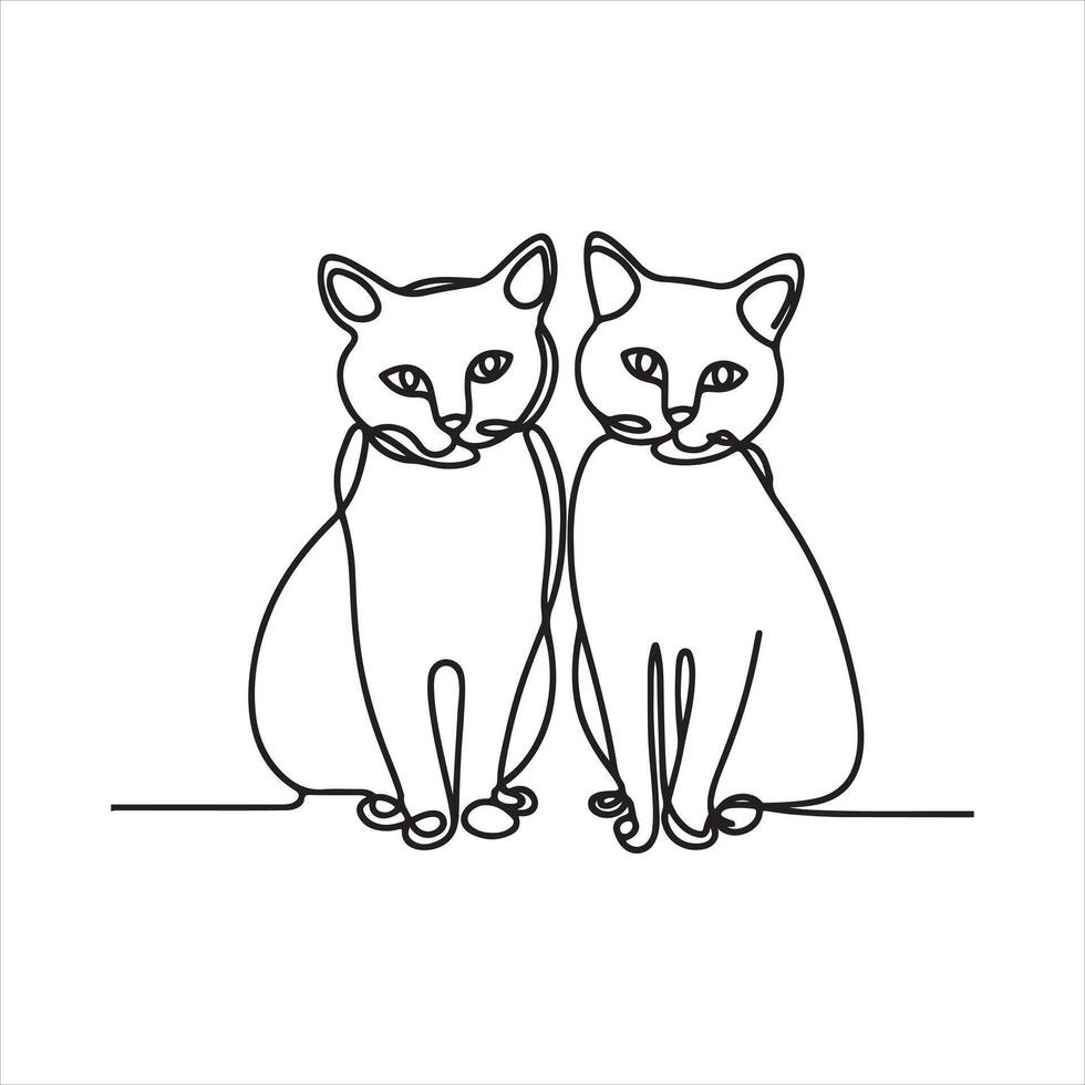 Single one line Two cats with continuous single one line art silhouette on white background vector
