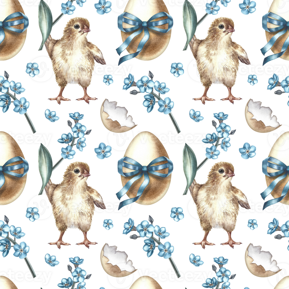 Easter seamless pattern with a hatched chicken, decorated with eggs and forget-me-nots. The illustration is made in handmade watercolor. For textiles, prints, wrapping paper. png