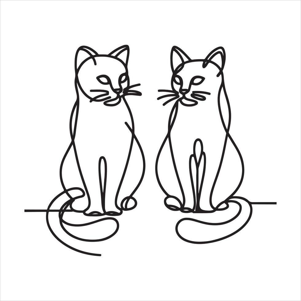 Single one line Two cats with continuous single one line art black silhouette on white background vector