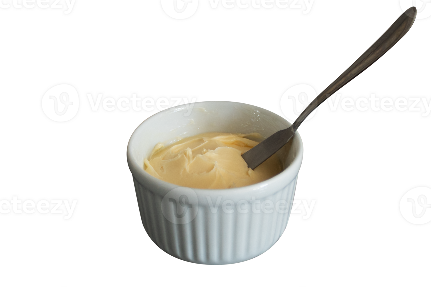 Fresh butter in a white container with a metal spatula isolated on transparent background png