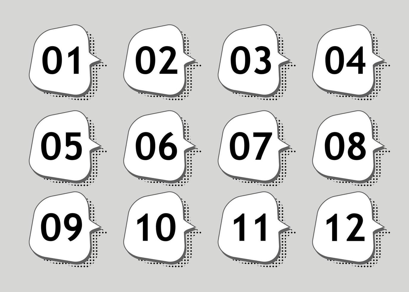 Bullet points think bubbles with shadows. Numbers from 01 to 12. Graphic design. vector