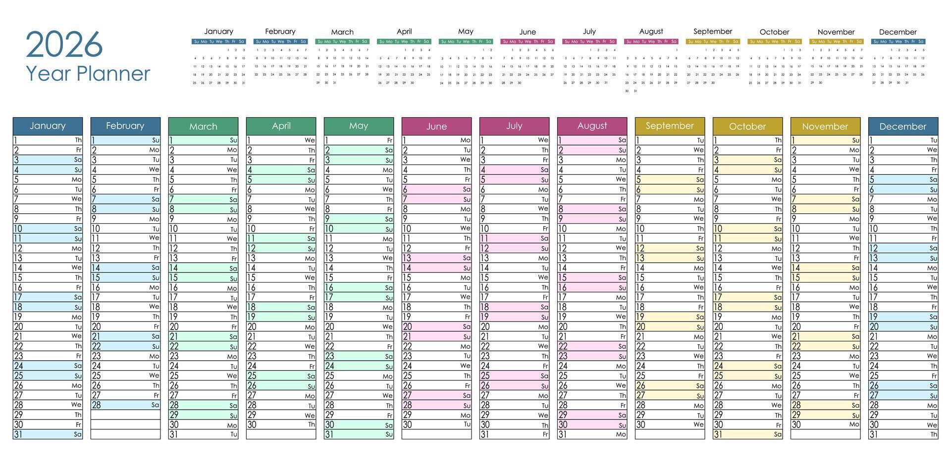2026 colorful year planner. Graphic design. vector