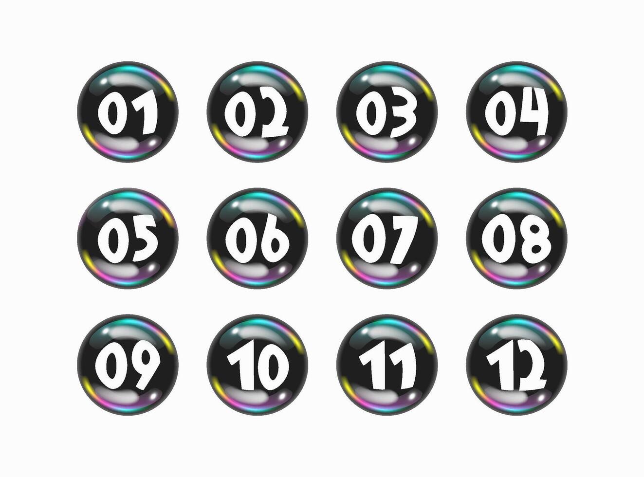 Bullet points buttons with fish eye effect, numbers from 01 to 12. Infographics. Graphic design. vector