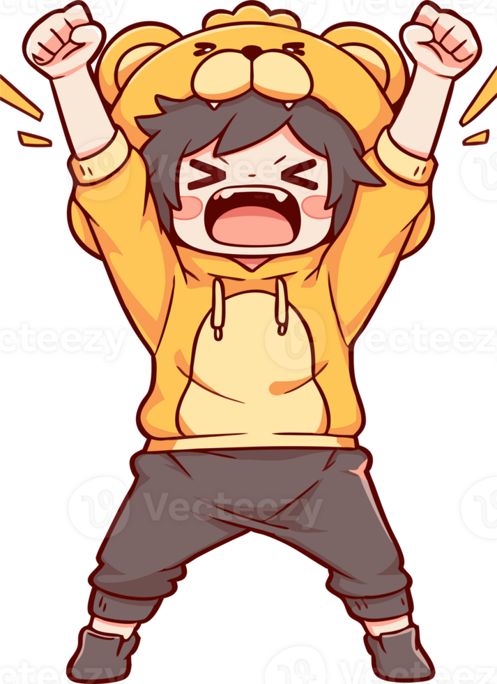 Child Triumphantly Cheering in Lion Hoodie, Joyful Animation. png