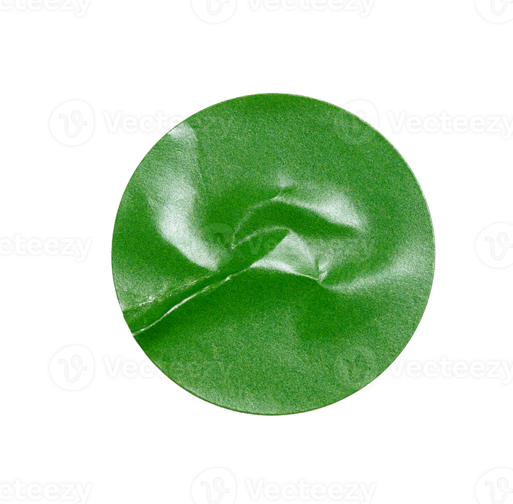 Blank green round crumpled paper promotion sticker label cutout isolated on a transparent background png