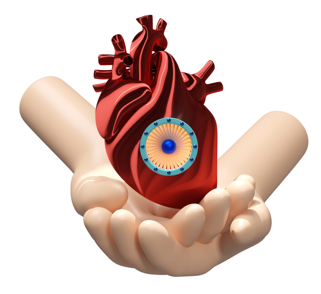 Two hands holding artificial heart isolated. Future innovation concept, 3d illustration render png