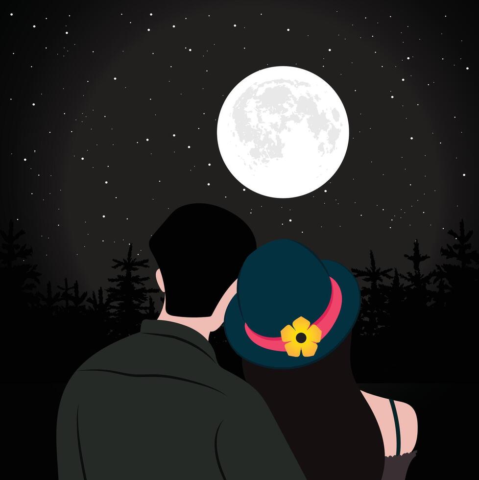 A beautiful illustration of a couple embracing under the night sky, gazing at a bright full moon. The serene atmosphere, with twinkling stars and a silhouette of trees in the background. vector