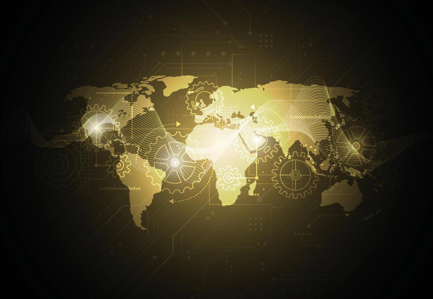 Abstract global network connection on gold background. World map point and line vector