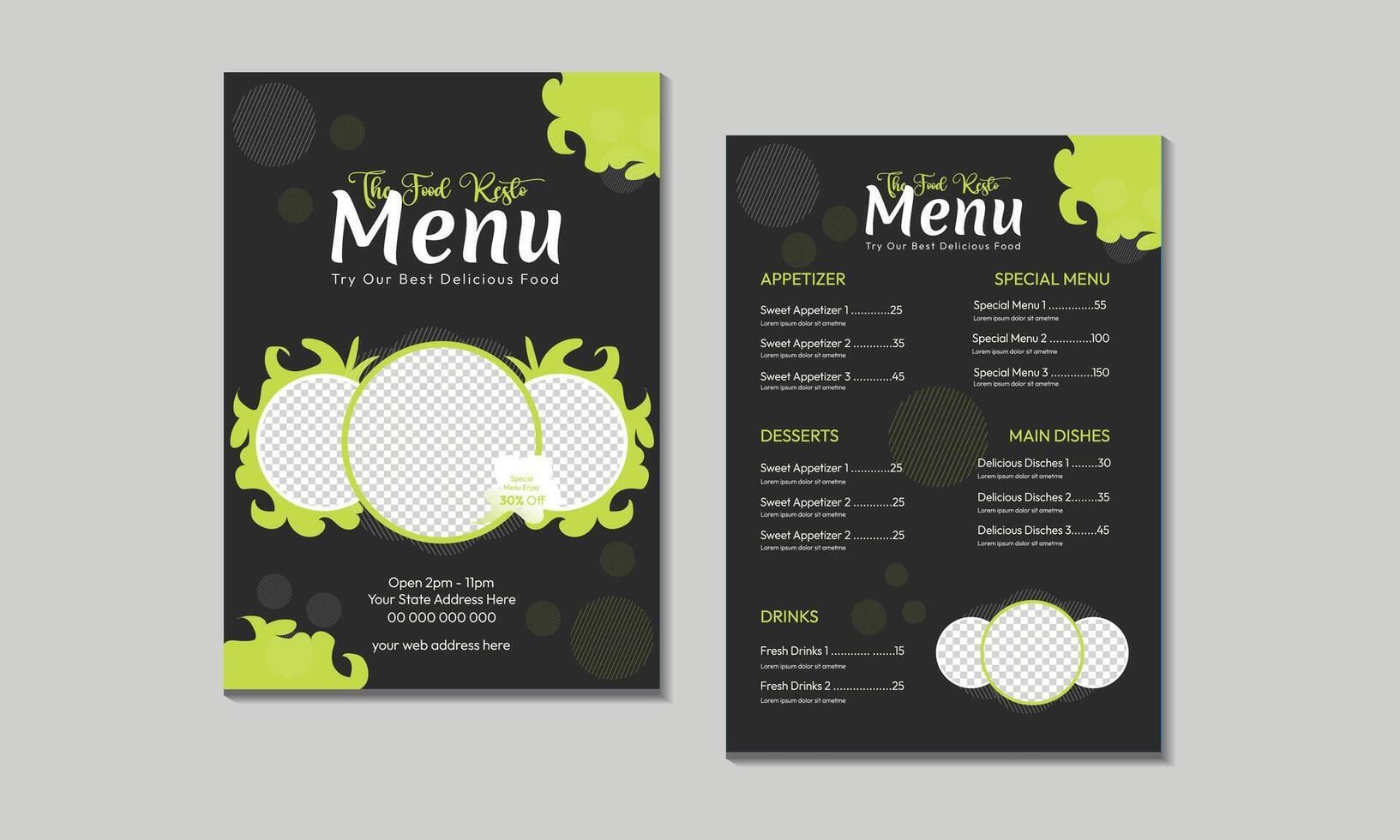 Restaurant cafe menu card design flyer poster leaflet brochure template design. Set A4 menu editable file format. vector