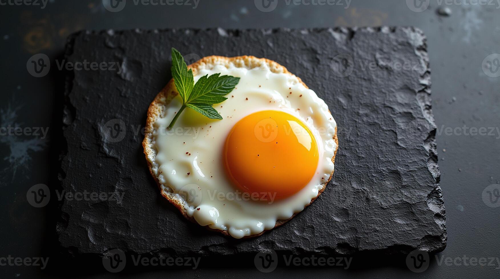 Sunny-side-up egg garnished with a sprig of parsley on a dark slate platter. photo
