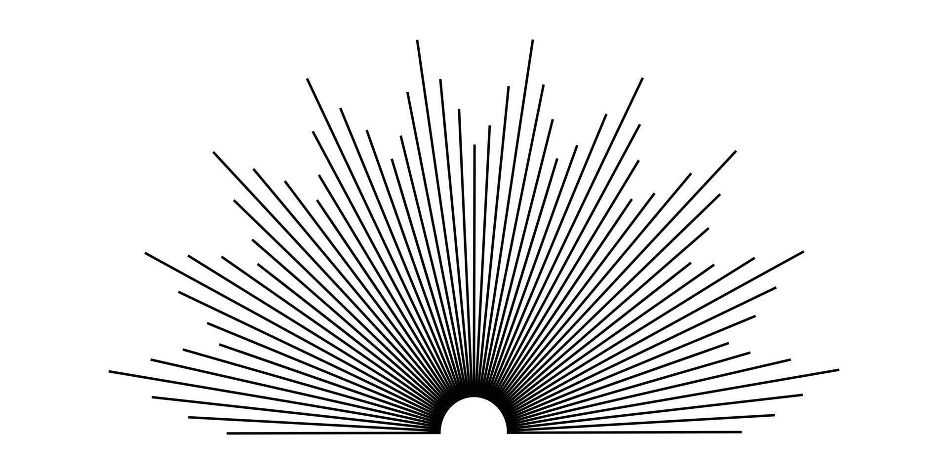 Sunburst icon. Half circle of sunburst. Half curved sunburst frame on white background. Black light rays. illustration. vector