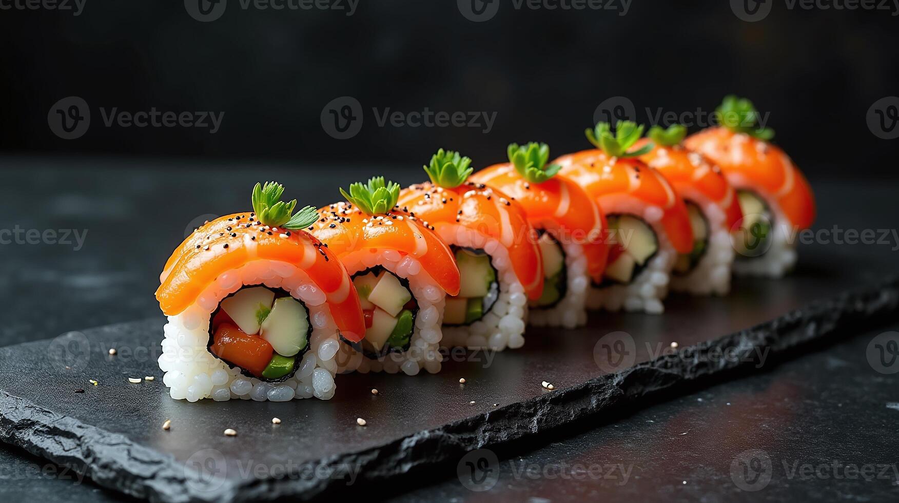 The image showcases meticulously crafted sushi rolls adorned with vibrant and fresh toppings, exuding an aura of elegance and taste. photo