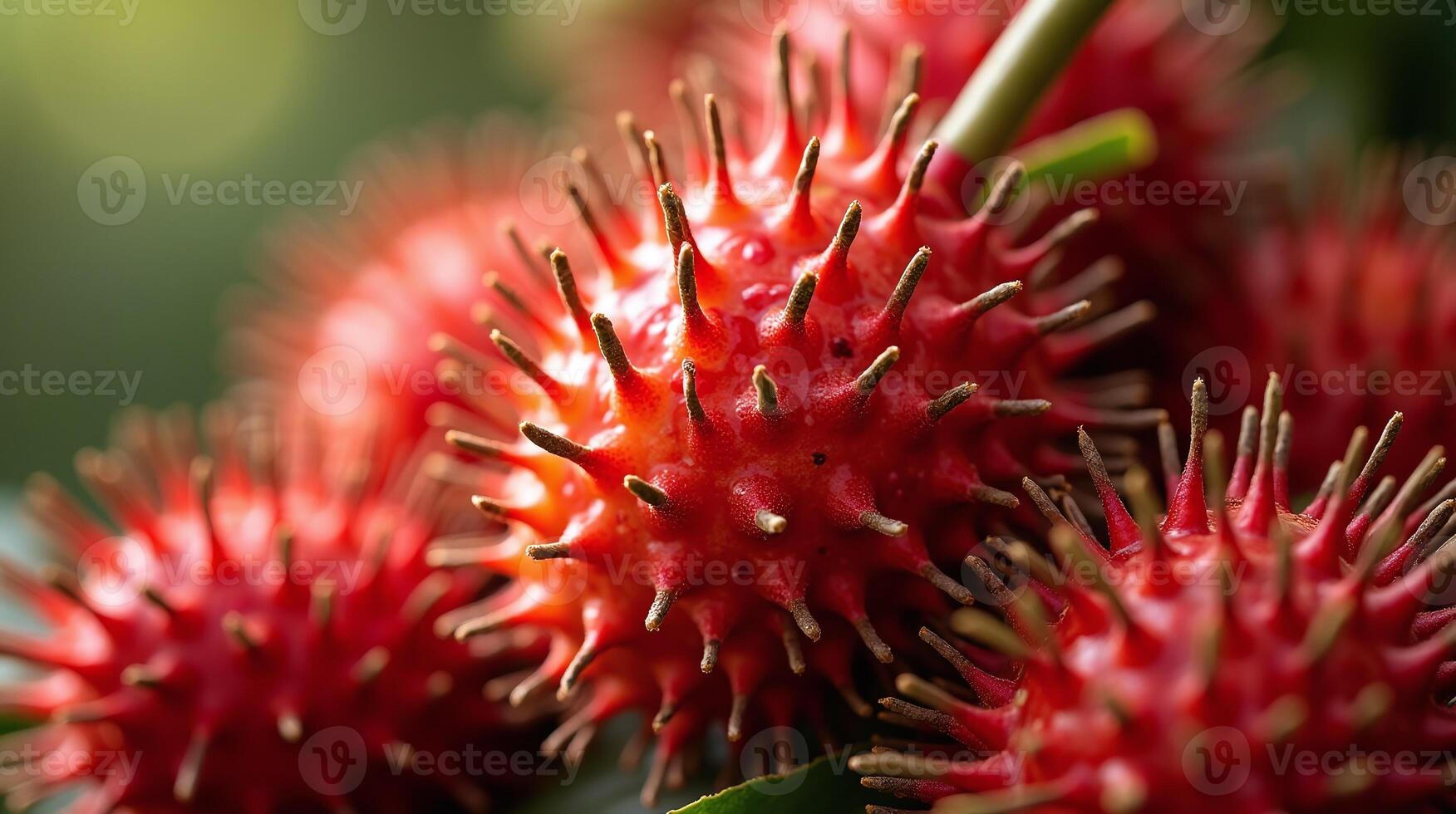 Energetic depiction of vibrant red and orange spiky fruits with sharp protrusions. photo