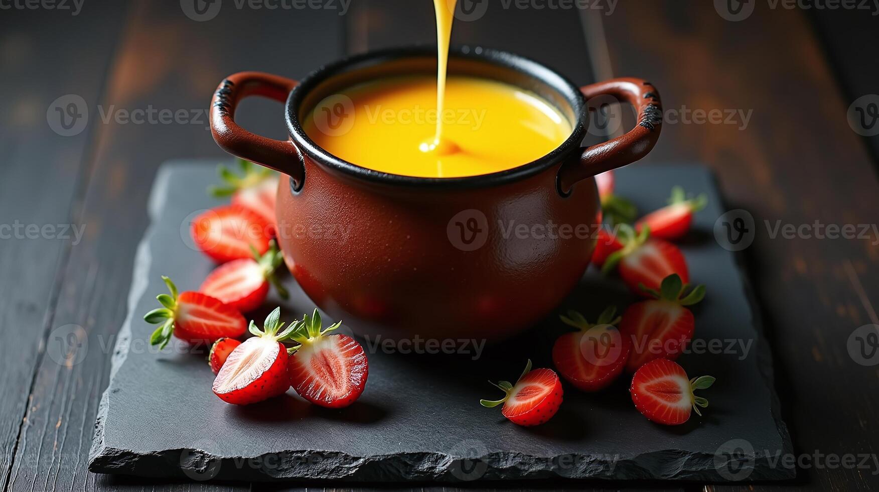A bowl of fruit-filled confectionary placed on a black slate tray. photo