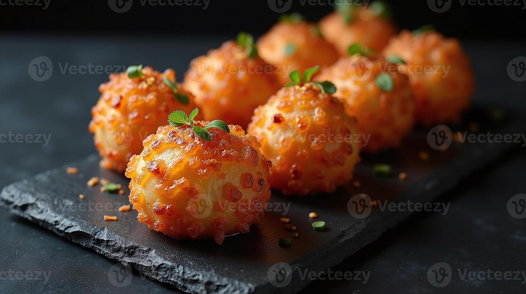 Elegant arrangement of golden-brown, crusty spherical treats garnished with fresh green herbs and tiny orange sprinkles, presented on a rustic, dark stone platter on a sophisticated, dimly lit table. photo